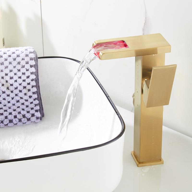 

Bathroom Faucet Led Faucet Brushed Gold Waterfall Square Bathroom Basin Sink Mixer Hot and Cold