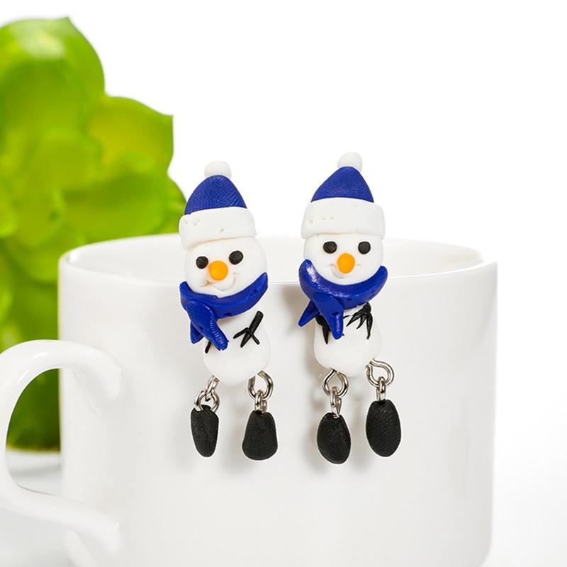 

New Creative Cute Winter Christmas Blue Scarf Little Snowman Soft Clay Handmade Earrings Jewelery