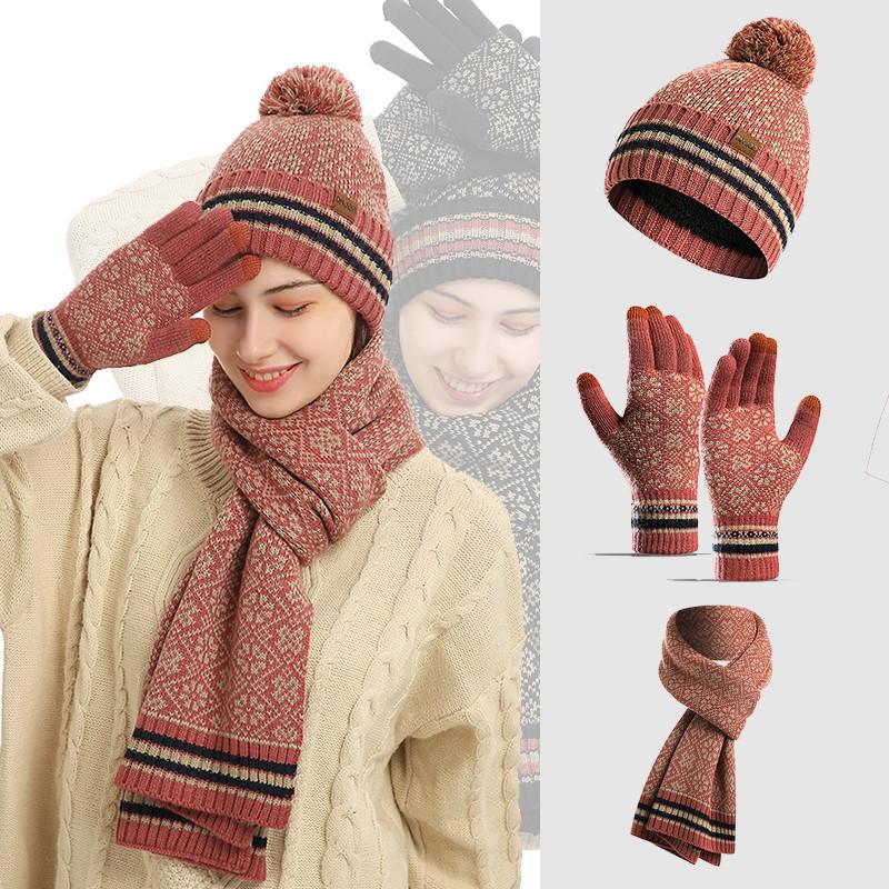 

Women's Knitted Three-Piece Sets Thick Scarf&Hat Touch Screen Gloves 2020 Winter Fashion Scarf Set Female