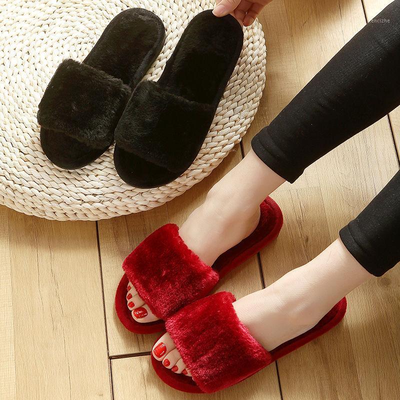 

2020 Furry Slides Women Home Slippers Winter Warm Shoes Woman Slip on Flats Slides Female Faux Fur Slippers Wholesale1, Black