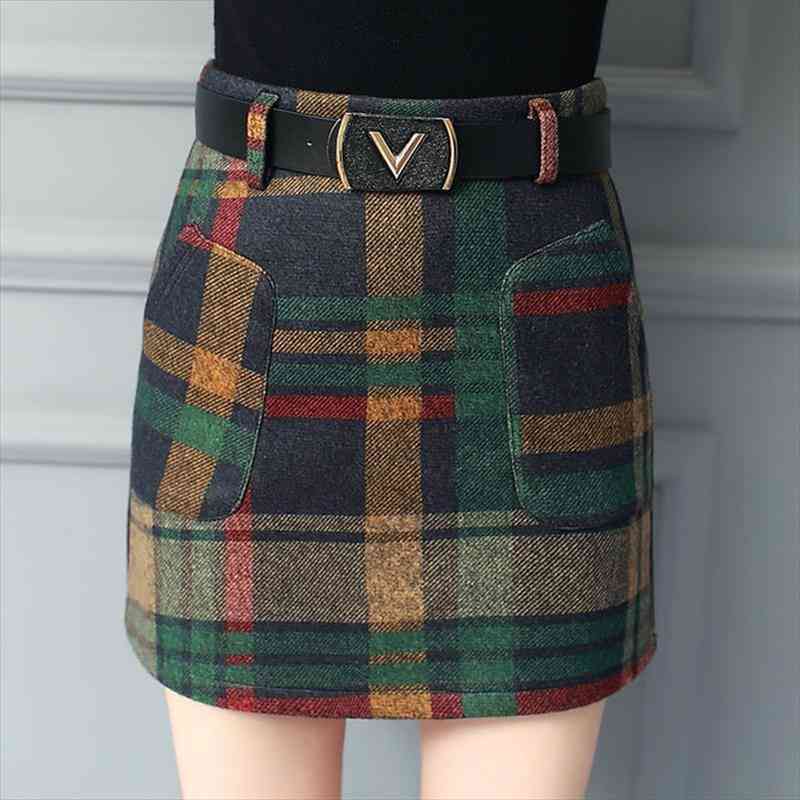 

autumn winter plaid wool skirt women short skirt pockets mini woolen checked skirts vintage office ladies plus size, Black