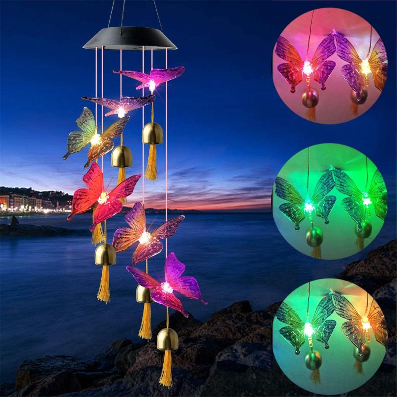 

40#Solar Wind Chime Hanging Ribbon LED Changed Multiple Colors Butterfly Hanging Wind Bell Light Patio Outdoor Garden Lights
