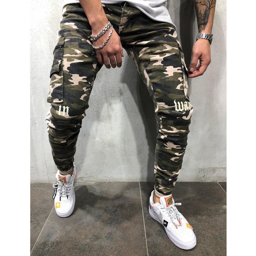 

2020 New Men's Jeans Badge Elastic Slim Fit Tight Elastic Feet Camouflage Pants Feet Pants
