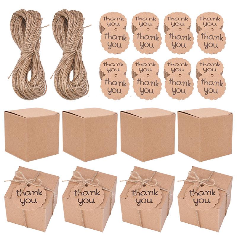 

10/20/50pcs Paper Pillow Candy Box Kraft Paper Square Candy Box With Thank You Tag For Baby Shower Birthday Wedding Party Decor