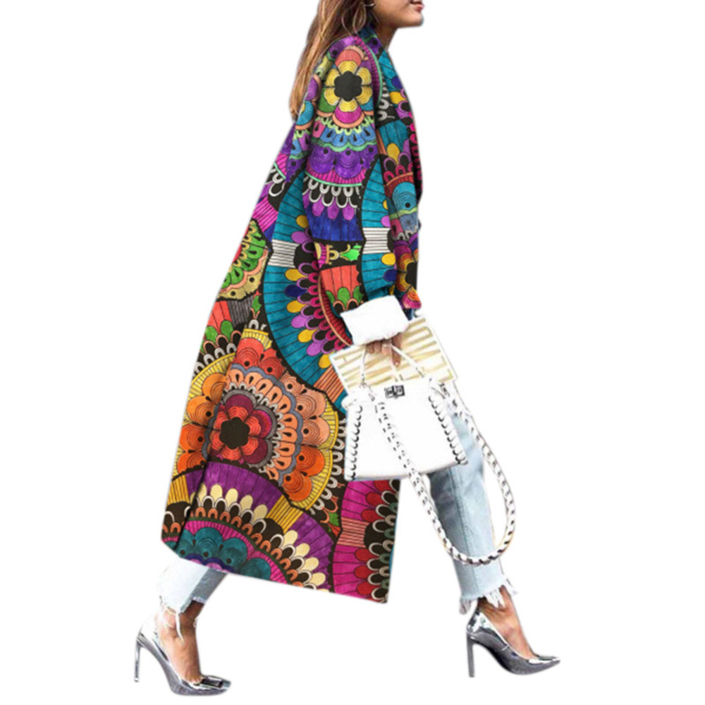 

Female 2020 Fashion Autumn Vintage Print Women Casual Long Coat Cardigan Trench Outerwear Oversize, Beige