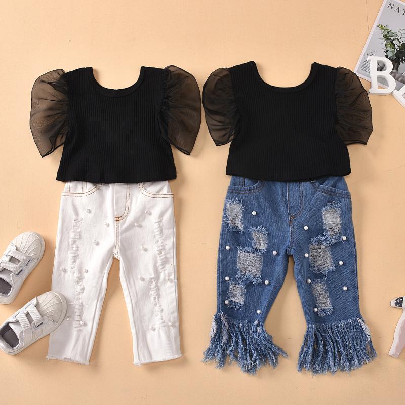 

0-5Y New Fashion Infant Baby Girls Clothes Sets Puff Sleeve Solid T Shirt Top Pearl Blue Denim Pants Kids Girls Outfits