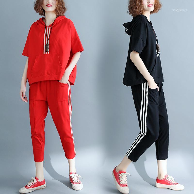 

Fashion Summer Plus size 2 piece suit Womens Korean style loose top + casual pants suit female hooded sports Two Piece Outfits1, Black suit