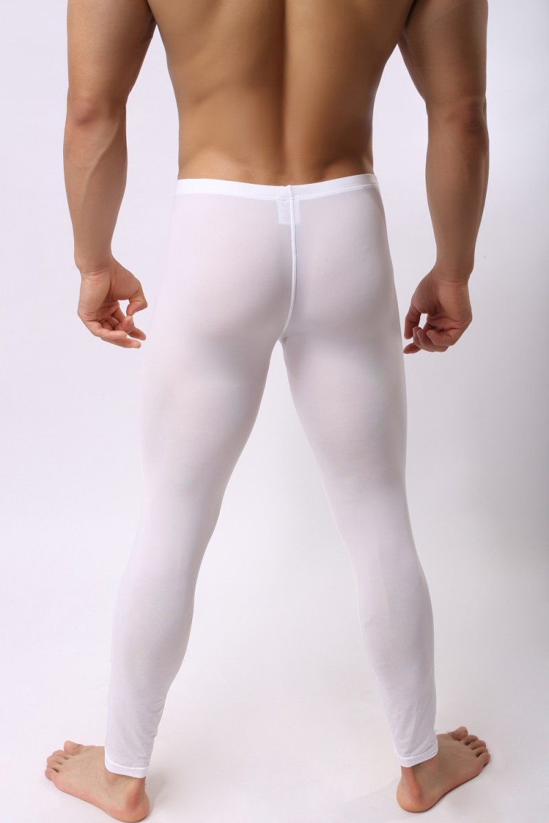 

Underpants Men Tight Super Thin Elastic Bottoming Skinny Lifting Hip Low Waist Ice Silk Solid Color Underwear Long Pants, White