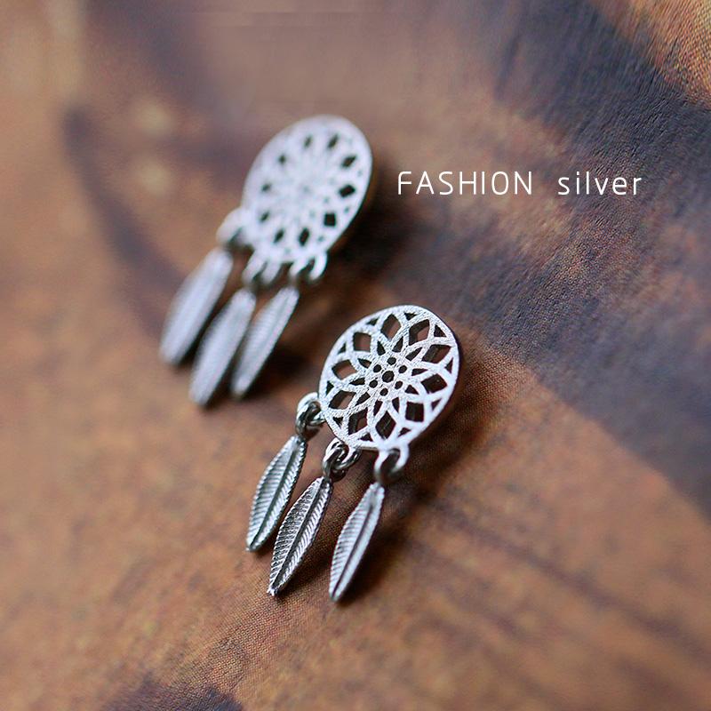 

Stud Bohemia Nationality Feather Dream Catcher Dreamcatcher 925 Sterling Silver Earrings For Women Jewelry