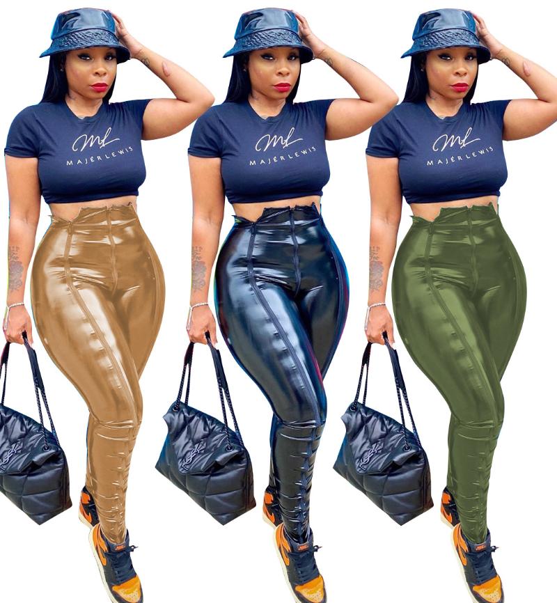 

In stock Women Sexy skinny PU Leather Pants Fashion Leather Stacked Pants Women' Straight-Leg Women Sexy, Black