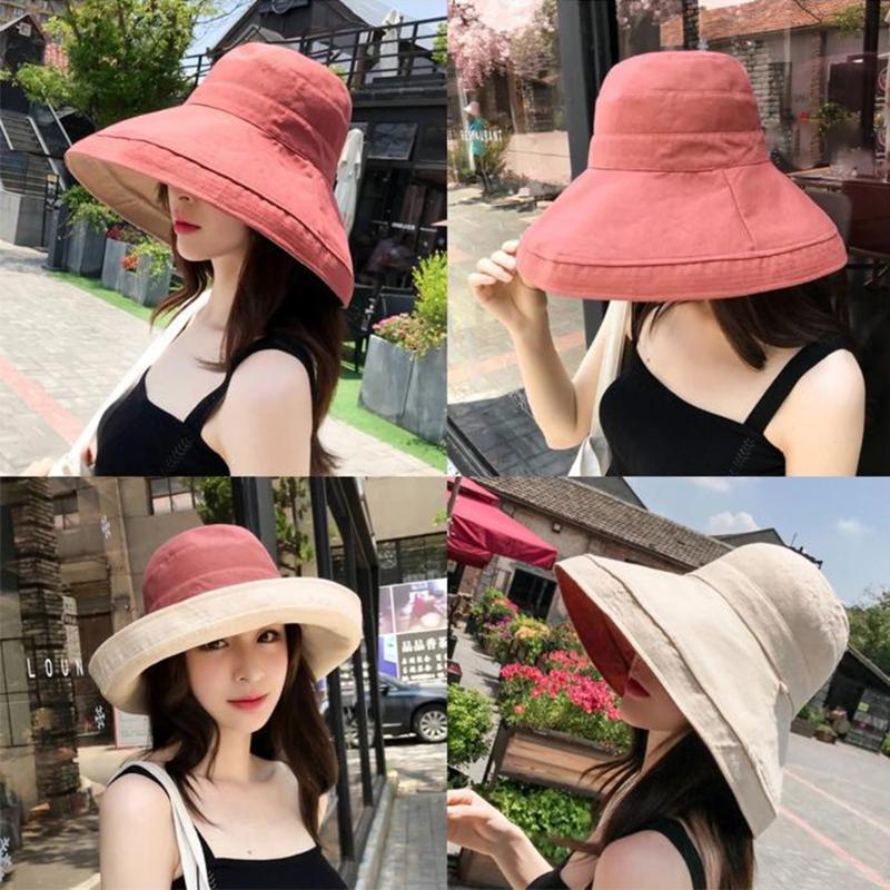 

Solid Double Faced Cotton Sun Hat Outdoor Fashion Large Brim Fisherman's Hat For Vacation Holiday Women's Summer, Black