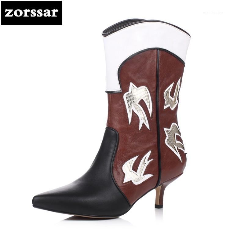 

Zorssar} Fashion ethnic style shoes Pointed toe High heel mid-calf boots women Western boots winter Female shoes Big Size 461, Brown