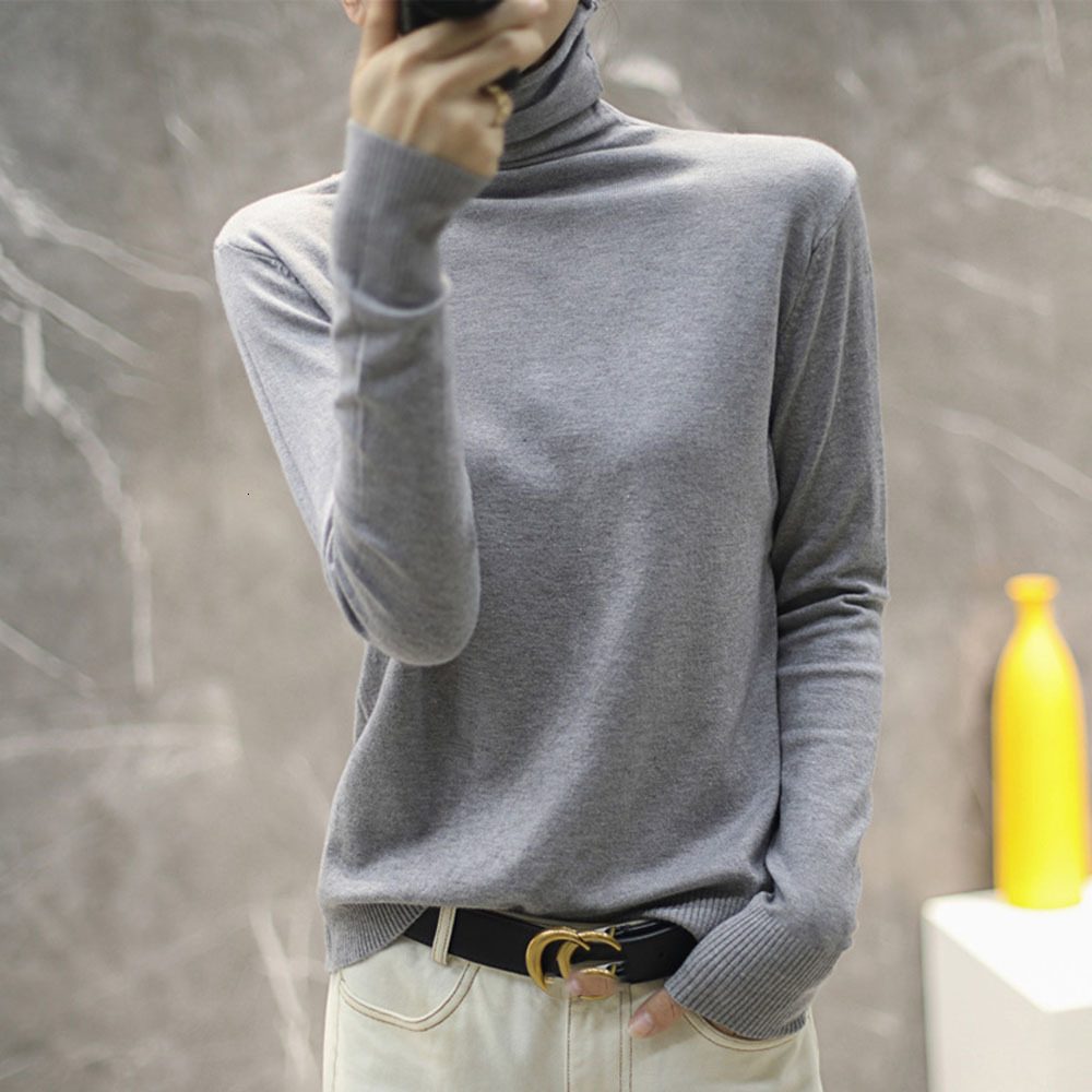 

2021 Ladies Pullover Simple Slim Base Autumn Winter New High Neck Cashmere Thin Sweater Tide Turtleneck PFL5, Brown
