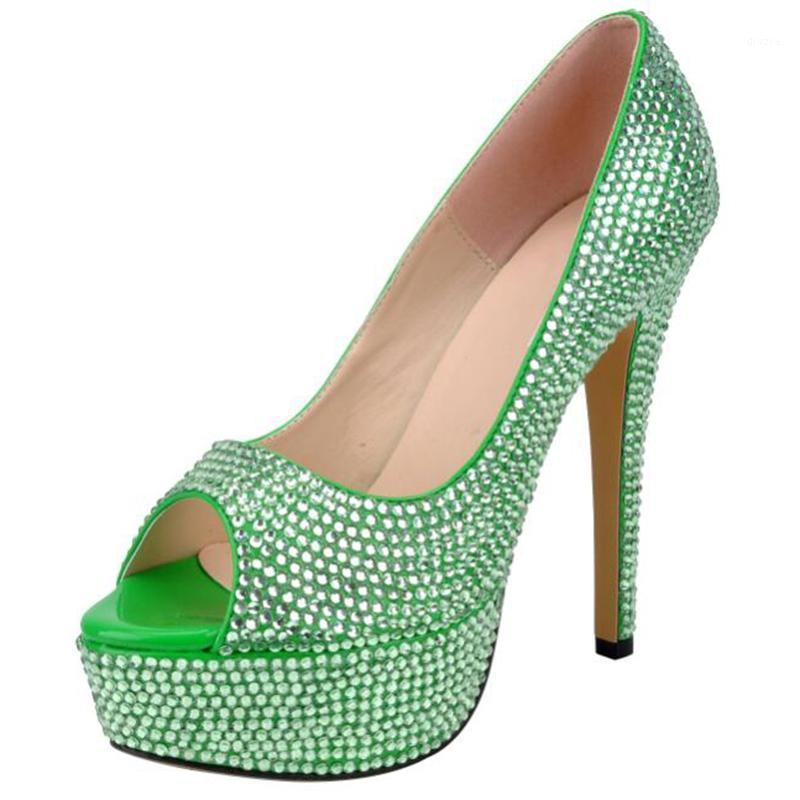 

Rhinestone sandals new high-heeled fish head wedding shoes stiletto shoes handmade rhinestone waterproof platform bridal1, Green