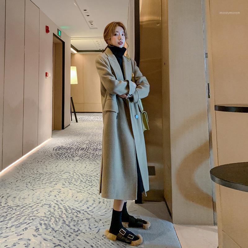 

2020 New Womens Lapel Trench Black Vintage Coats Belt Cashmere Wool Blend Jacket Oversize Outwear Winter Coat Women Elegant P71, Khaki