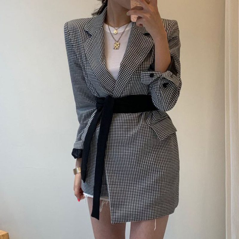 

2021 New Blazers for Korean Retro Woman Mid-length Chess Twotwin Style Ladies Autumn Jacketfashion Chic High Sashed Blazer DPAF, Multi