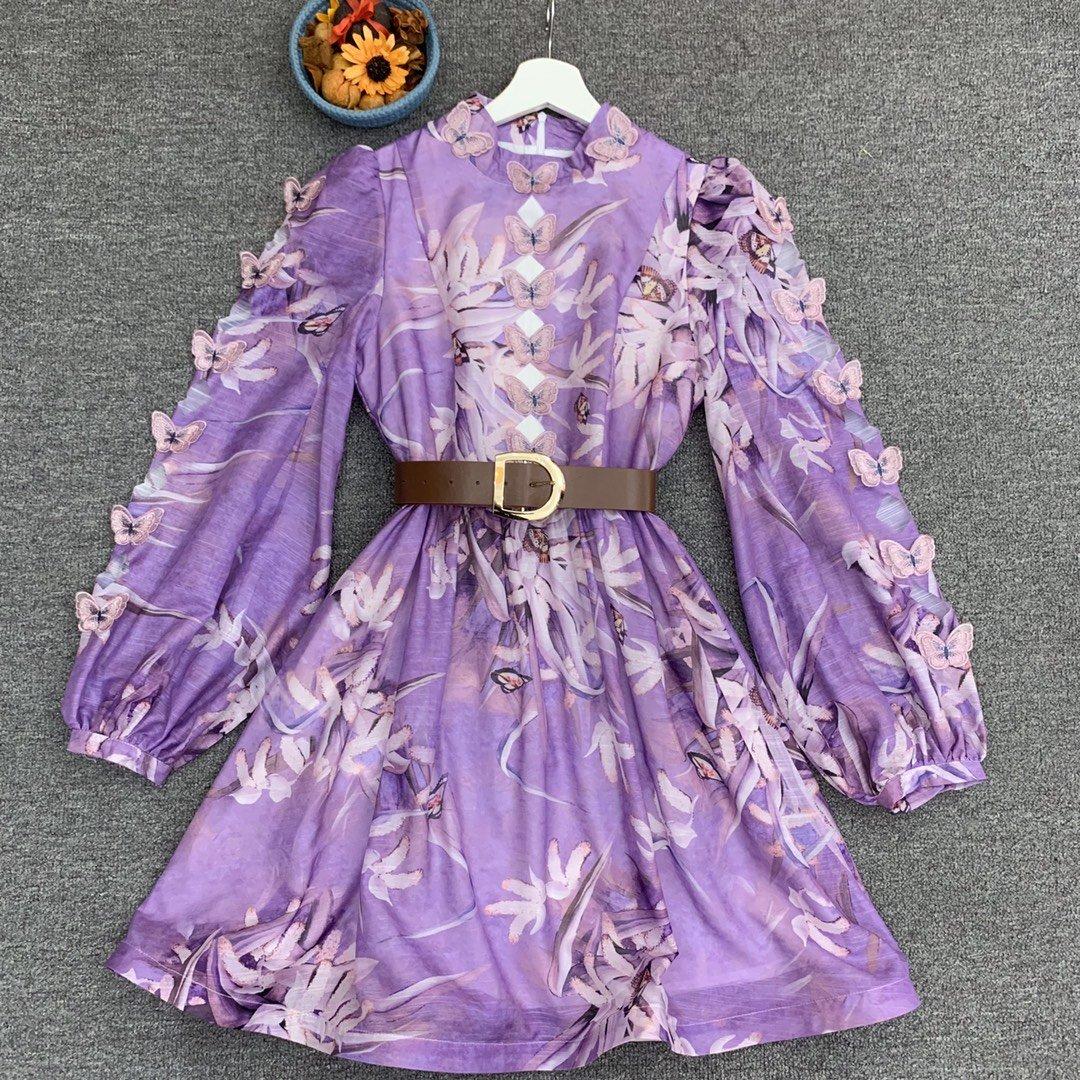 

Popular logo women's dress 2020 autumn stand collar lantern sleeve three-dimensional butterfly decoration hollow-out belt printed dress, Lavender