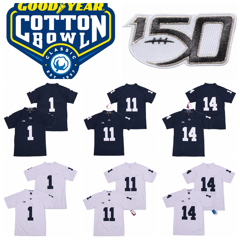 

PSU Penn State Nittany College Football Joe Paterno Jersey 1 KJ Hamler 11 Micah Parsons 14 Sean Clifford University Team Navy Blue White, 14 white