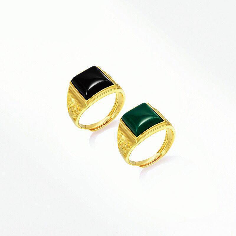 

MxGxFam 24 k Pure Gold Color Green Black Stone Rings ( Adjusted ) Jewelry For Men Original Design1