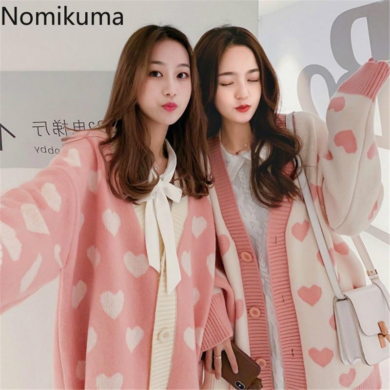 

Korean Sweet Love Heart Sweater Cardigan Coat 2020 Autumn New Long Sleeve V-neck Knitted Jacket, Pink