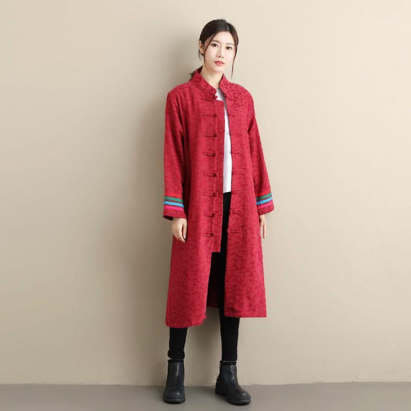 

2020 Autumn New Rainbow Loose Coat Stand Collar Long Sleeves Retro Women Dress Jacquard Weave Cotton Trench Coat D7601, Black