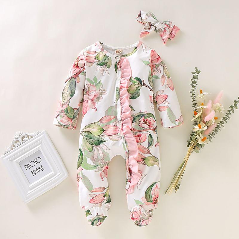 

2pcs Ruffles Flower Romper Set Baby Girl Clothes Set Newborn Jumpsuit Infant Boy Footed Sleeper Romper Headband Outfits Ropa, White