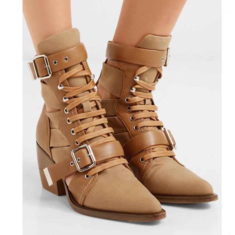 

Women Fashion Metal Buckle Boots Pointed Toe High Heel Woman Shoes Front Lace Up Decor Short Booties Brand Star Bota Feminina1, As pic