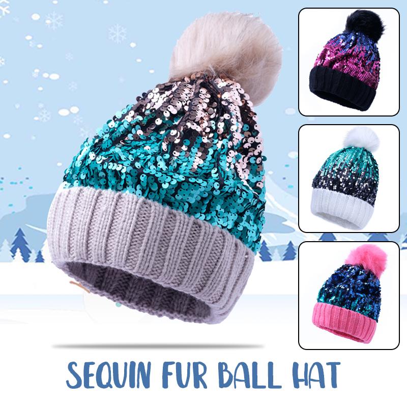 

Winter Warm Fur Pom Pom Knitted Hats Women Shiny Sequins Winter Fashion Beanies Cap Thick Warm Skullies Beanies, 01