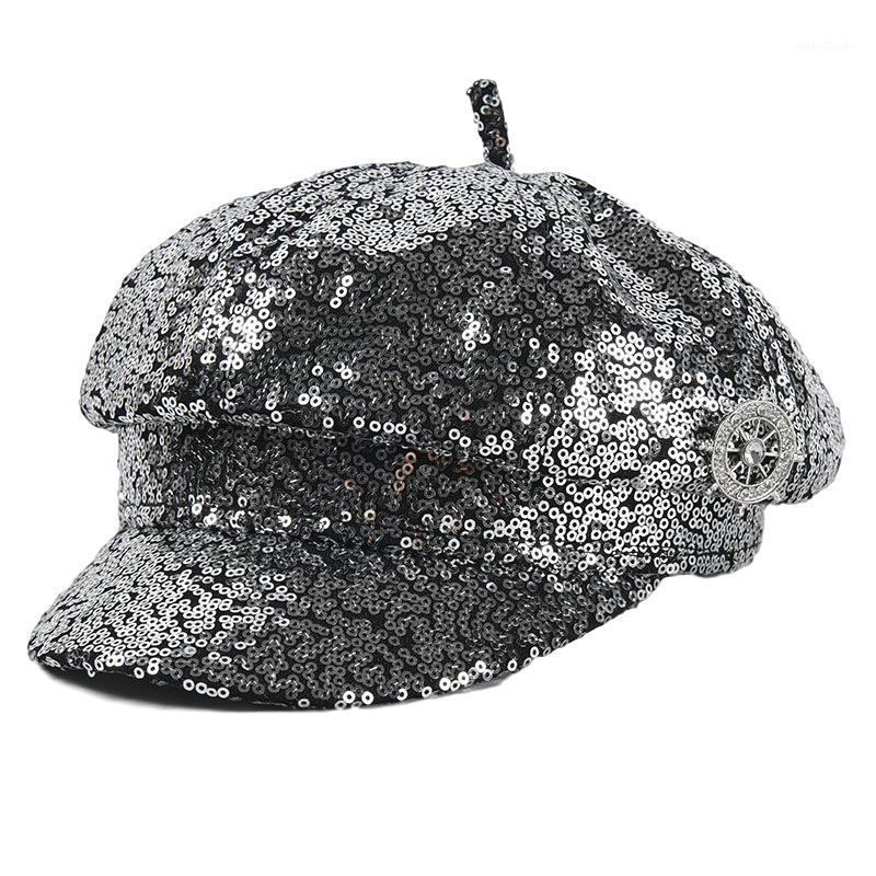 

Sequin Octagonal Flat Cap Women Summer Hat Spring and Autumn Cotton Female Hats for Male Female Retro Painter Caps1, Black
