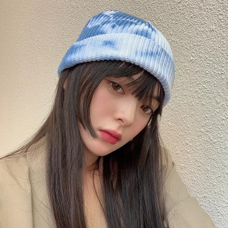 

Unisex Couple Tie Dye Print Knitted Beanie Hat Autumn Winter Dome Warmer Ear Soft Ski Cap Men Streetwear Warm Hats H9, Black