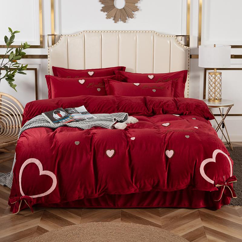 

Winter Bedding Set Heart Flower Towel Embroidered Crystal Velvet Duvet Cover Bed Sheet Flannel Red Bedclothes Queen Home Textile, Purple grey heart