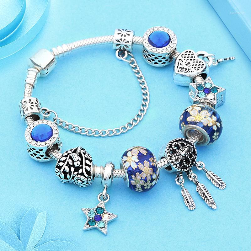 

2020 Hot Royal Blue Star Heart Lock Charm Bracelet Antique Tibetan Silver Dreamcatcher Tree Bird Diy Bead Bracelet Pulseira 20201