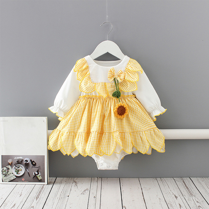 

2021 New Autumn Clothing Newborn Baby Girls Clothes Plaid Bodysuit Playsuit Jumpsuit Outfits Sunsuit with Suowers 0-2y Iru8, Yellow