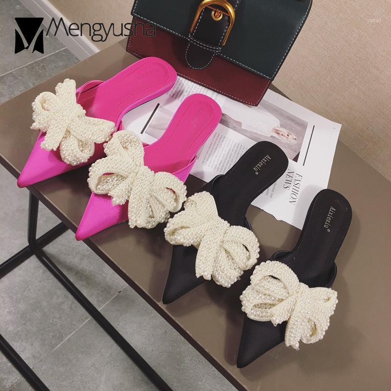 

Brand Designer Woman String Beads Mules Flat Heels Shoes Pointed Toe Bow-Knot Slippers Big Bow Silk Flipflops V Open Slides 20201, Black