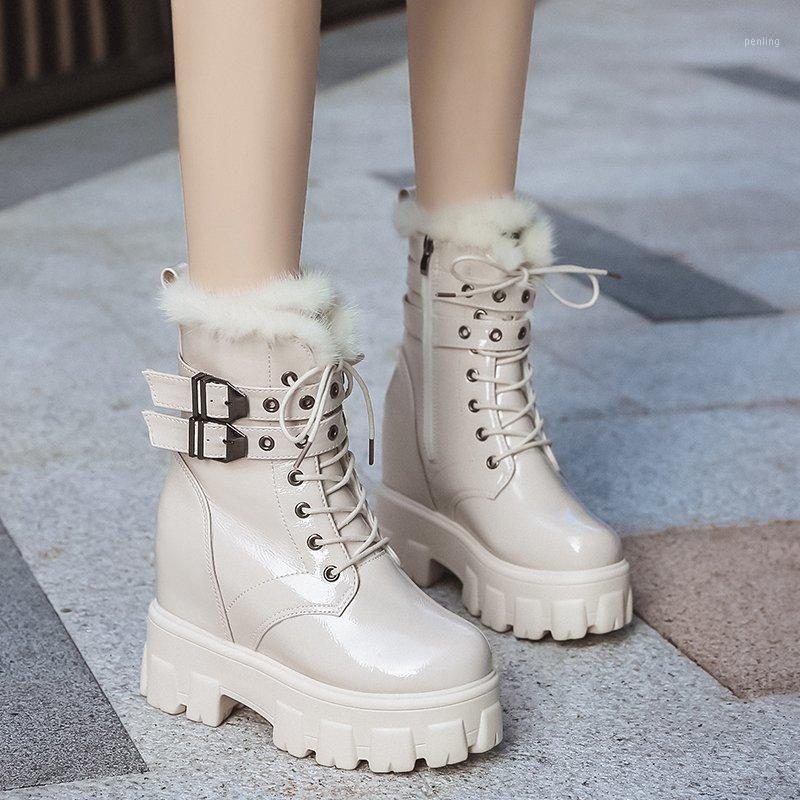 

Plush Patent Leather Ankle Boots Women Height Increasing Platform Boots Women Winter Thick Sole Short with Metal Buckle1, Beige