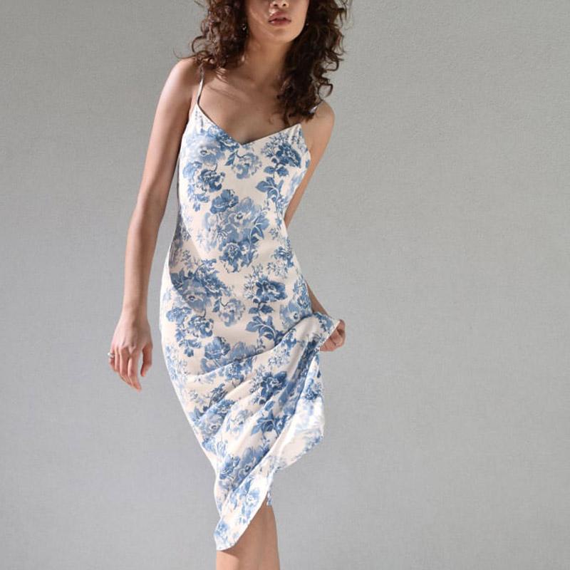 

Summer women' dress casual flower print slim strap dress Vestidos, Blue