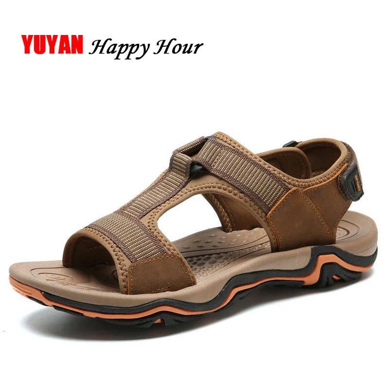 

New 2019 Fashion Sandals Men Genuine Leather Shoes High Quality Brand Summer Beach Sandals Men's Summer Footwear ZHK231 #lv89, Black
