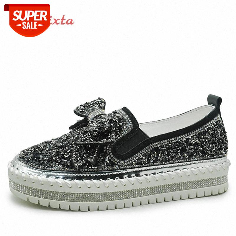 

Aphixta Rhinestone Women Flats Leather Loafers Spring Women Shoes Woman Crystal Sequins Bow-knot Platform Casual Moccasins #406y, Beige