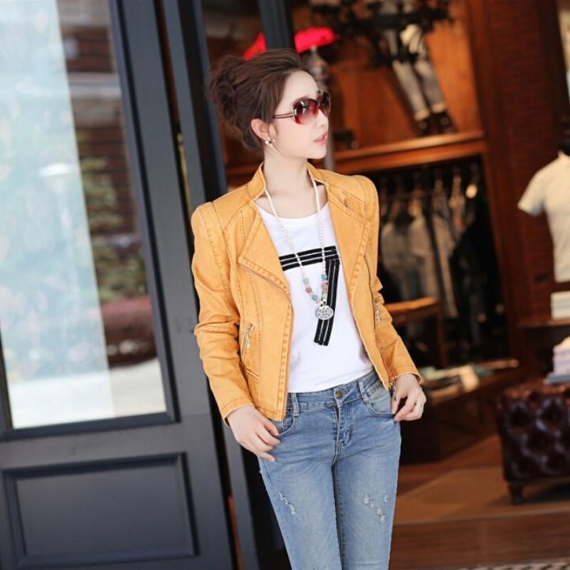 

European Female PU Vintage Rivet Lapel Collar Outwear Pocket Zipper Lady Coats Slim Fit Women Moto Leather Jacket, Yellow