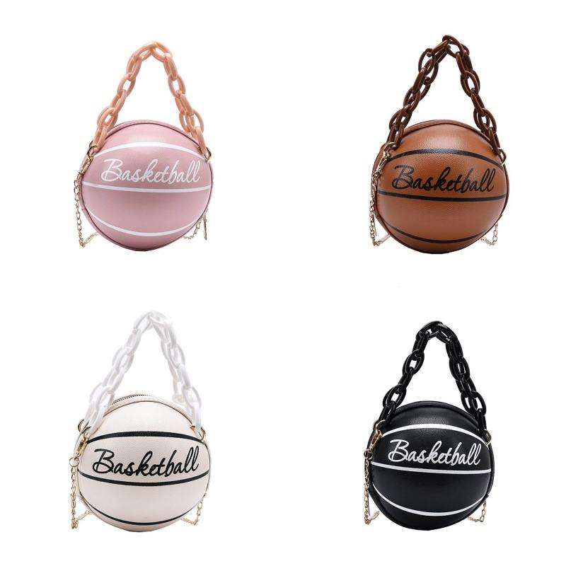 

Women Basketball Round PU Leather Shoulder Crossbody Bag Tote Chain Satchel H8WD, Pink