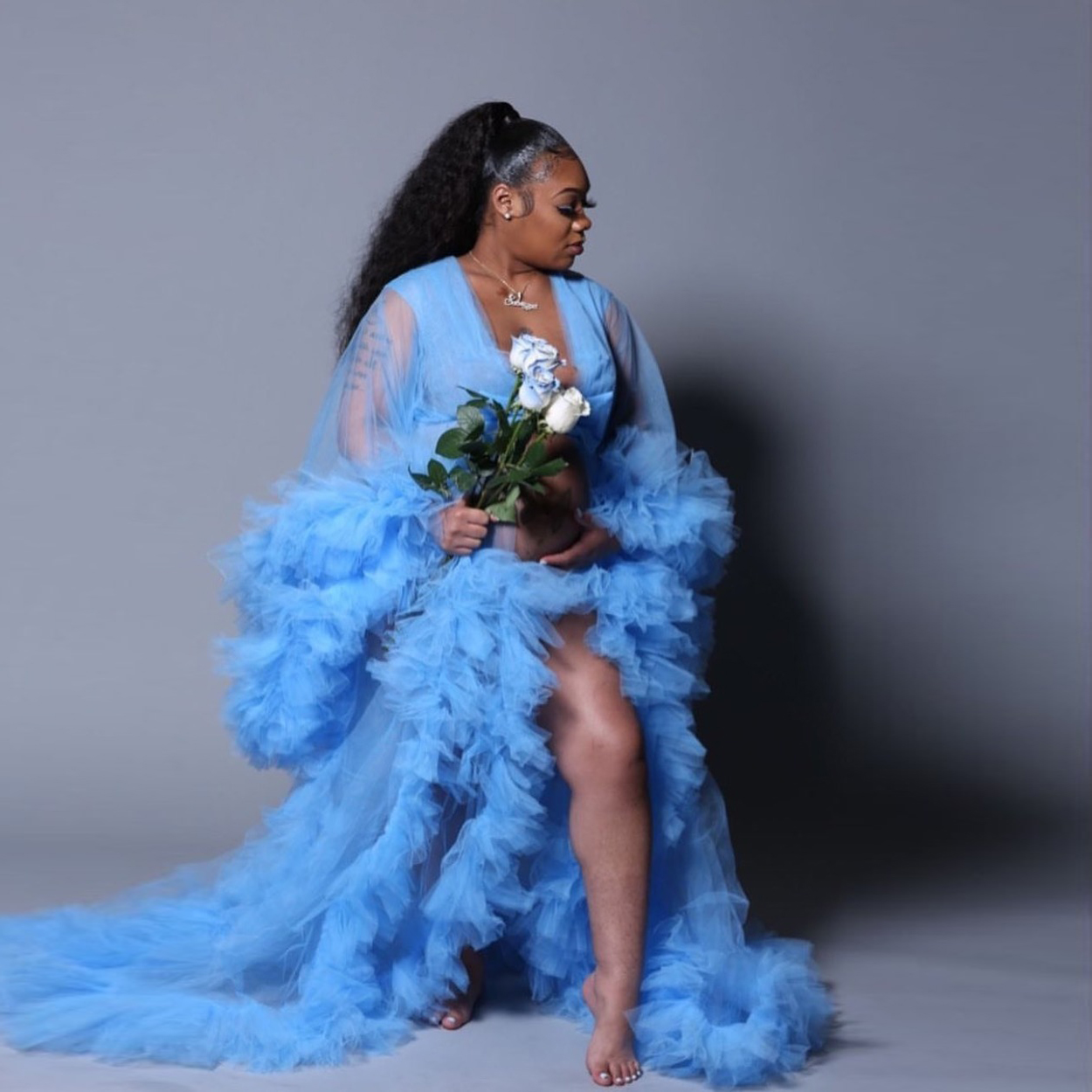 

Sexy Sky Blue Tulle Prom Dresses Maternity Robes Custom Made Long Women Sheer See Through Tulle Evening Gowns, Lavender