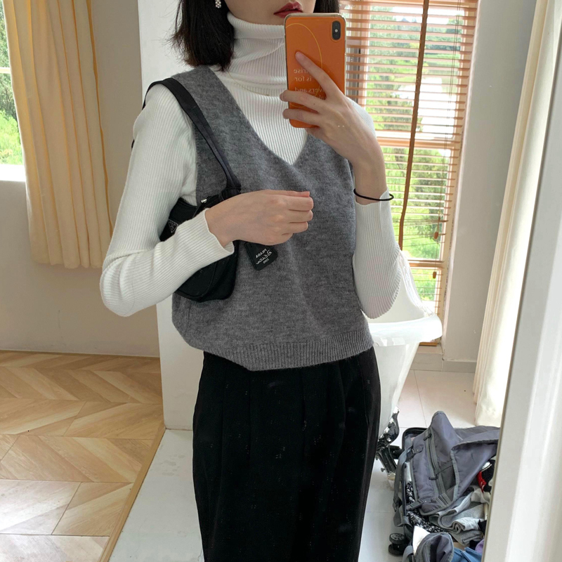 

2021 New 3 colours Autumn Korean style knitted v neck soild colour vest blouses and women's pullovers (c3013) RE69, Gray.