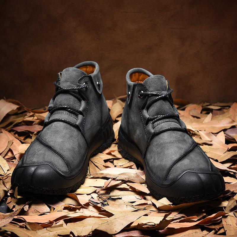 

2020 new men's ankle boots autumn and winter work boots leather men's casual shoes outdoor walking shoes large size 46, Gray plus cotton