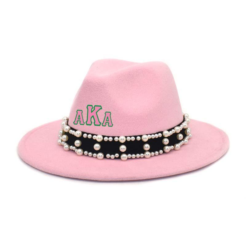 

Greek Sorority Logo Patch work Pink And Green Panama Wool Felt Fedora Hats Ladies Wide Brim Party Trilby Cowboy Hat Jazz Cap, Design f