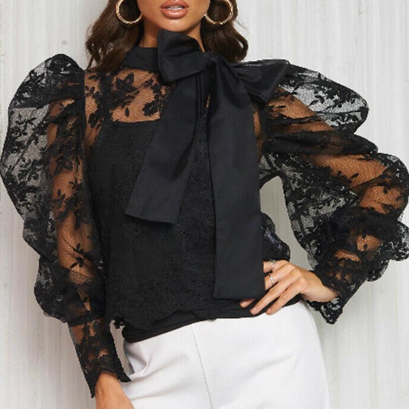 

Women Lace Crochet Shirt Blouse Long Puff Sleeve Floral Big Bow Collar Mesh Loose Shirts Top See-through Perspective Party Beach, Beige