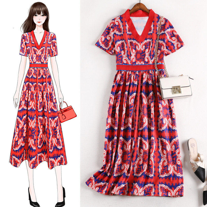 

Summer 2021 Short-sleeve Belly-covering Thin Size Large Women's Clothing Reduction To-line Dress Medium Dressed Hl17, Red.