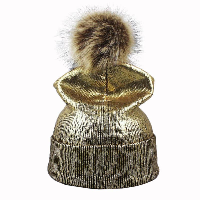 

Autumn Winter Pompom Beanie Hats Girls Fashion Women Faux Fur Caps Bronzing Gold Silver Knitting Pompon Pink Beanie Warm Cap