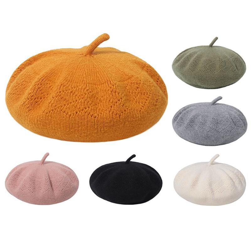 

2021 Women Girl Beret French Artist Warm Wool Winter Beanie Hat Cap Vintage Plain Beret Hats Solid Color Elegant Lady Winter Cap, Black