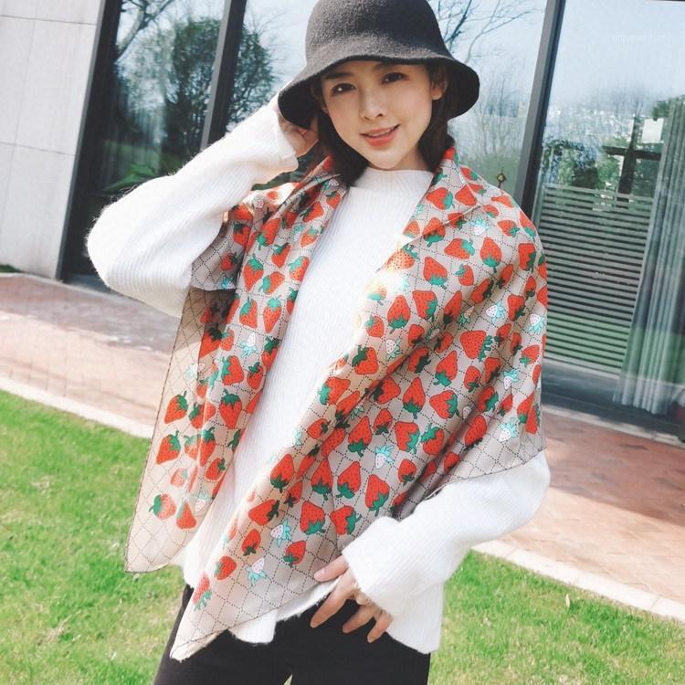 

Cute Strawberry Digital Print Scarf Women Silk Hijab Hot Large Square Shawl Blanket Beach Cape Top Handrolled Hems1