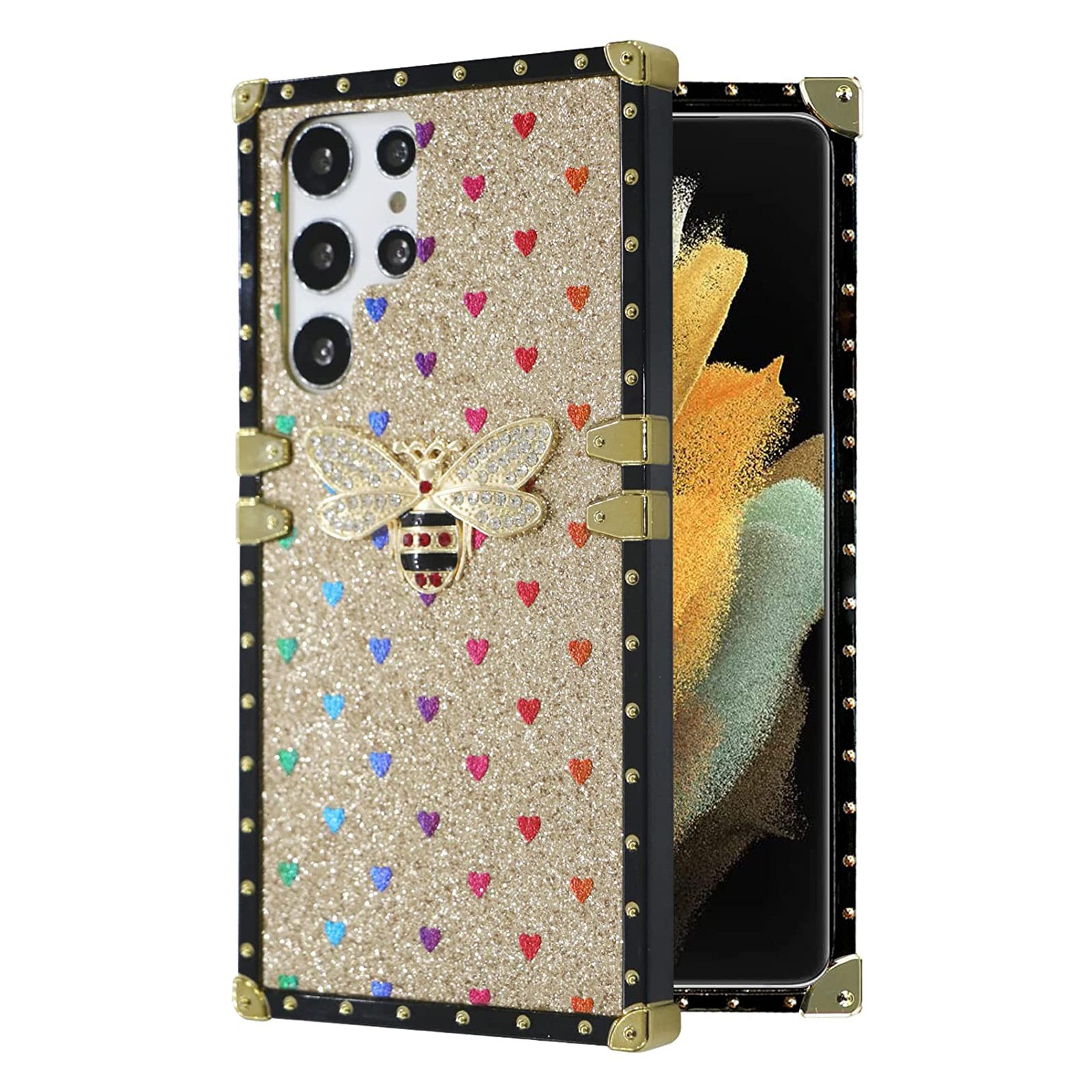 

Case For Samsung Galaxy S22/S22+/S22 Ultra Glitter Frame Shockproof Phone Cover with Bee Pattern, Gold